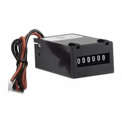 Electromechanical counter with base mounting style, designed for rear-panel installation. Measures 2 1/4 in x 1 1/2 in and operates on 6 V DC to 12 V DC. UKCA certified. Suitable for counting cycles, revolutions, or events in industrial machinery and process control systems.