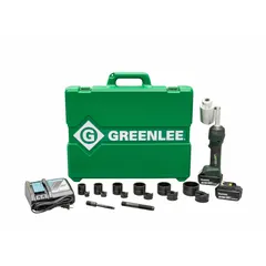 This cordless knockout punch kit operates on 18V DC and includes two 3.0 Ah batteries, one charger, and one 1 in die. It punches holes up to 4 in diameter in steel up to 10 ga maximum thickness. Used for cutting clean holes in electrical enclosures, junction boxes, and panel boards.