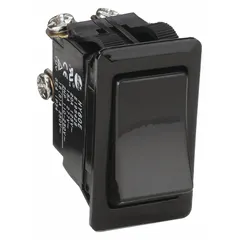 This rocker switch features a DPST contact form with two positions (On/Off) and is rated for 2 hp. It is suitable for general on/off control in industrial equipment, machinery, and panel builds.
