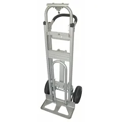 This 3-position convertible hand truck features a dual-handle design with a silver aluminum frame and pneumatic tires. It converts between a two-wheel hand truck and a four-wheel platform dolly for versatile material handling. Suitable for moving boxes, appliances, and equipment in warehouses, factories, and delivery settings.