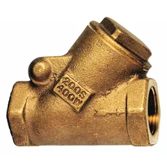 This bronze Y-style swing check valve features a 1 1/4 in pipe size with FNPT x FNPT NPT connections. It is designed for inline installation to prevent backflow in plumbing and industrial piping systems handling water, oil, or gas.