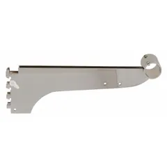 Steel round tubing bracket with chrome finish for hanging displays on double slotted standards. Includes hangrail. Slot spacing 1 in, slot length 1/2 in. Heavy duty rating.