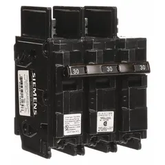 Bolt-on miniature circuit breaker rated 30 A, 240V AC, 3 poles, with high interrupting capacity. Provides overcurrent protection in Siemens panelboards for industrial electrical distribution systems.