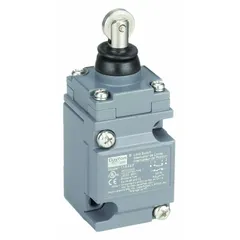 This top-mount roller-plunger limit switch uses a spring-loaded roller plunger actuator to detect the presence or position of moving machinery parts. It features screw terminals for electrical connections and is commonly applied in conveyor systems, packaging equipment, and material handling to control machine operation or signal end-of-travel.
