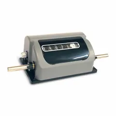 Mechanical rotary counter with Top Coming (TC) operation, base mounting, black plastic body, and white display. Reset mechanism can be mounted on left or right side. Suitable for counting revolutions or cycles in industrial machinery and production equipment.
