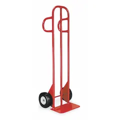 Steel hand truck with a dual-loop handle and red finish. Equipped with semipneumatic 8-inch wheels for mobility on various surfaces. Used for moving heavy loads in warehouses, factories, and delivery settings.