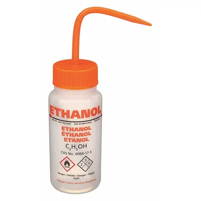 DYNALON Wash Bottle: 250 mL, Ethanol, Orange, Wide, Std Spout Spout, Colorless - Wide Mouthed Standard Spout Wash Bottles