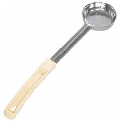 Solid stainless steel portion control spoon with 3 oz capacity and 13 1/2 in overall length. Ivory color. Used in commercial kitchens to dispense consistent servings of sauces, dressings, or batter.