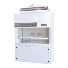 This ducted fume hood from the AirMax series provides a ventilated workspace for containing hazardous fumes, vapors, and particulates. It includes a work surface, a blower, and a recirculation tank and pump in the base cabinet. Suitable for laboratory and industrial applications requiring high-performance ventilation.