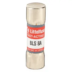 Fast-acting cylindrical fuse, midget size, rated 8 A at 250 V AC. Non-indicating design with dimensions 13/32 in x 1 3/8 in. Used for overcurrent protection in control panels, power supplies, and industrial machinery.