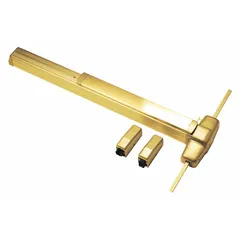 Surface vertical rod exit device with Touchbar, constructed of brass. Designed for doors up to 3 ft wide. Used in commercial egress applications where push-bar operation is required for code-compliant emergency exit.