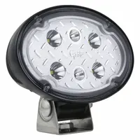 LED floodlight with Deutsch DT electrical connection. Overall diameter 5 15/16 inches, overall depth 2 3/4 inches. Suitable for off-road, agricultural, and industrial vehicle lighting applications