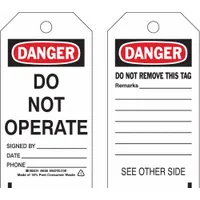 BRADY Danger Tag: Danger, Danger Do Not Operate, Polyester, Remarks, Write-On Surface, English, Tag (MPN 86458)
