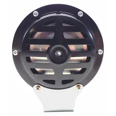 High-tone electric horn for material handling equipment. Operates on 24-48V DC, delivers 115 dBA maximum sound level. Painted black finish. Includes mounting bracket.