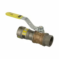 This bronze ball valve features a straight body pattern and a locking lever handle for secure on/off flow control. Rated for a maximum pressure of 125 psi (CWP), it is suitable for use in commercial and industrial piping systems requiring tamper-resistant operation.