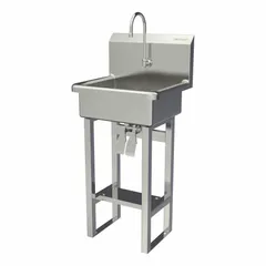 This freestanding hand sink is constructed of 16-gauge stainless steel with a 17-inch bowl length and 7-inch bowl depth. It includes a faucet with a 2 gpm flow rate and is designed for commercial handwashing applications where a self-contained unit is required. Side splash is not included.