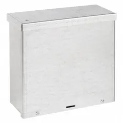 This WIEGMANN steel enclosure measures 10 x 8 x 4 inches and is rated NEMA 3R for outdoor use. It features a solid galvanized cover secured with screws and includes knockouts for cable entry. Suitable for protecting electrical controls, terminals, and instruments from rain, sleet, and ice.