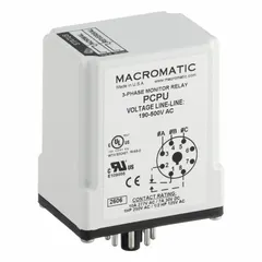 Socket-mounted relay that monitors phase reversal in three-phase systems. Rated for 10 A continuous current and 190 to 500V AC supply. Detects incorrect phase sequence to protect motors, compressors, and other three-phase equipment from damage.