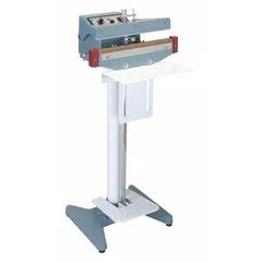 Foot-operated impulse heat sealer for sealing polyethylene and polypropylene bags. Maximum seal length 24 in, seal width 1/8 in, seal thickness 7 mil. Used in packaging and industrial applications requiring consistent sealing of heavy-duty films.