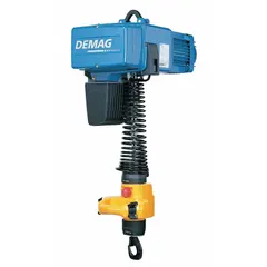 Heavy-duty, hook-mounted electric chain hoist without trolley. Operates on 575V AC with a maximum lifting length of 9 ft and headroom clearance of 28 to 30 in. Includes a chain container. Suitable for precision lifting and positioning in industrial environments.