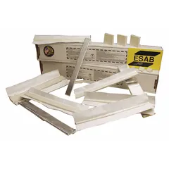 Disposable ceramic weld-backing tiles for single-sided welding applications. Each tile measures 2 in x 2 in x 3/8 in and features an acrylic adhesive for secure placement. Supplied 36 ft per box. Used to support and shape the weld pool from the back side of a joint, ensuring full penetration and a smooth root pass in pipe welding, structural steel fabrication, and shipbuilding.