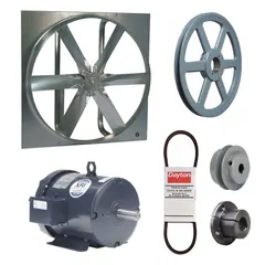 Unassembled belt-drive panel exhaust fan with a 48-inch blade, powered by a 3 hp, 3-phase motor rated at 230/460V AC and delivering 31,442 cfm. Features a zinc-plated steel frame, totally enclosed fan-cooled motor with Class F insulation. Suitable for high-volume air movement in industrial and commercial ventilation applications such as warehouses and factories.