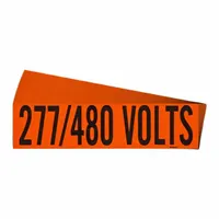 Self-stick vinyl markers for identifying conduit and voltage systems. Each label measures 9 in wide by 2 1/4 in high and displays the legend '277/480 Volts' in Style A. Pack of 25