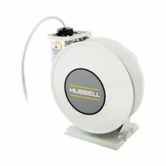 Hardwired self-retracting cord reel with a 45 ft, 12 AWG SJO cable in white. The retractable cord ends in bare wire for direct connection. Ratchet lock mechanism holds the cord at the desired length. Suitable for managing power cords in workshops, warehouses, and assembly lines.