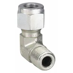 This double-ferrule steel compression fitting elbow connects 3/8 in OD tubing to a 1/4 in male NPT port at a 90-degree angle. It features a 9/16-20 thread size and is compatible with Parker A-LOK brand fittings. Typical applications include hydraulic, pneumatic, and instrumentation systems requiring leak-tight, vibration-resistant connections.