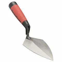 Philadelphia brick trowel with a flexible, tapered carbon steel blade for mortar spreading and buttering in brickwork and block laying. Features a DuraSoft rubberized handle to reduce hand fatigue. Blade shape is Philadelphia type.