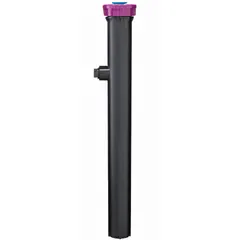 This HYDRORAIN pop-up sprinkler head is made of plastic and operates at 30 to 40 psi. It features an adjustable spray pattern for covering various areas. The pop-up design retracts when not in use, reducing trip hazards and protecting the mechanism. Suitable for landscape irrigation in commercial and municipal settings.