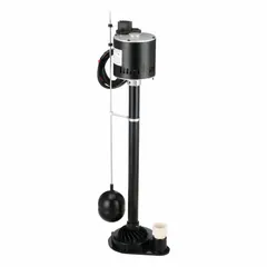 This pedestal sump pump is designed for removing accumulated water from basements, crawl spaces, and other low-lying areas. It features a 115V AC single-phase motor, an integral vertical float switch, and a plastic column and base. The ABS impeller delivers 37 gpm at 10 feet of head with a maximum head of 18 feet, and the discharge connection is FNPT.