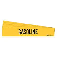 Yellow adhesive pipe marker with black 'Gasoline' legend for identifying pipes carrying gasoline. Fits pipe outer diameters of 8 inches and larger. Each pack contains 5 markers without arrows. Suitable for industrial piping systems requiring clear content identification.