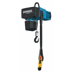 Heavy-duty hook-mounted electric hoist with two-speed control, operating on 230V AC. Includes a chain container. Designed for fixed-point lifting tasks in industrial environments such as manufacturing plants, warehouses, and assembly lines.