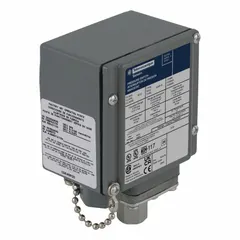 This pressure switch from the 9012G Series is designed for liquid- and corrosion-resistant machine tool applications. It features a single 1/4-18" FNPT pressure connection and a pressure range of 3 psi to 150 psi. Suitable for monitoring or controlling pressure in industrial hydraulic and pneumatic systems, including machining coolant circuits and lubrication systems.