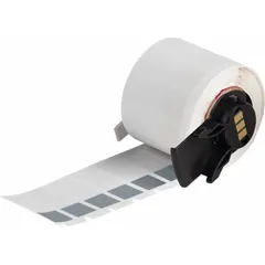 Precut wraparound label made of gray matte vinyl, measuring 1 1/2 in x 1/2 in, for wire gauges 10 AWG to 4 AWG. Compatible with M710 printer series and requires M7-R4300 ribbon. Used for permanent wire and cable identification in electrical panels, machinery, and control systems.