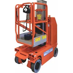 This BALLYMORE drivable vertical lift elevates one person to a platform height of 19.7 ft. The 25 in x 24 in platform provides a stable work area. It is battery-powered and includes a battery charger. Typical applications include indoor maintenance, installation, and warehousing tasks requiring overhead access.