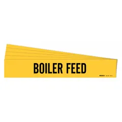 Yellow adhesive pipe marker with black legend reading 'Boiler Feed' for identifying boiler feed piping. Fits pipe outer diameters from 2-1/2 to 7-7/8 inches. Pack of 5 markers without directional arrows. Suitable for use in industrial facilities to mark boiler feed lines.
