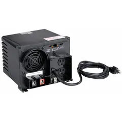 This single-unit inverter with battery charger converts 120V AC input to modified sine wave AC output while charging batteries from a 120V AC source. It features DC input terminals and a 120V charger output. Suitable for backup power, mobile, and off-grid applications requiring power conversion and battery maintenance.