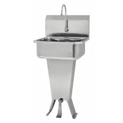 This one-station freestanding hand sink includes a faucet with a 0.5 gpm flow rate. The bowl measures 17 inches in length and 7 inches in depth. Side splash is not included. Suitable for commercial restrooms, healthcare facilities, and food service areas.