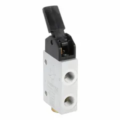 Manual air control valve from the AVENTICS AP Series with lever operation. Three-way, two-position, normally closed function. Aluminum body. Used for operator-initiated control of air supply or exhaust in pneumatic systems.