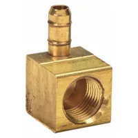 Brass barbed tube fitting elbow with rigid construction. Connects flexible tubing to female NPT threaded ports. Suitable for pneumatic or low-pressure fluid systems in instrumentation, lubrication, and control circuits