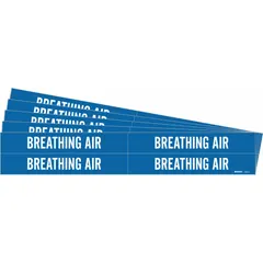Blue adhesive pipe marker with white legend reading 'Breathing Air' for identifying compressed breathing air lines. Fits pipe outer diameters from 3/4 to 2-3/8 inches. Pack includes 4 markers without arrows, supplied in a 5-pack quantity. Used in industrial facilities to mark pneumatic systems.
