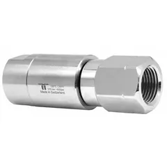Single-passage rotating joint in nickel-plated C38500 brass for transferring air from a stationary supply to rotating machinery. Stationary port is 1/4 in; maximum speed 30 RPM. Used in low-speed rotary applications such as indexing tables, reels, and packaging equipment.