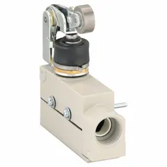 This OMRON limit switch features a stainless steel roller arm plunger for momentary actuation in position-sensing applications. The metallic ZE series switch uses screw terminals for electrical connection and is designed for top-mount installation. Typical uses include detecting object presence or absence in industrial machinery such as conveyors and packaging equipment.