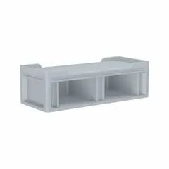This institutional bed features a gray polyethylene construction with end and side storage frames. Overall dimensions: 78 in length, 32 1/2 in width, 24 in height. Suitable for use in secure environments requiring durable, easy-to-clean furnishings.