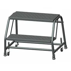 Steel rolling step stool with two steps and a 1.6 ft standing height. Supports 450 lb load. Equipped with four swivel casters for mobility. Suitable for accessing elevated storage or equipment in warehouses, retail, and industrial environments.