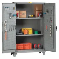This stationary welded steel cabinet features a powder-coated gray finish, two adjustable shelves, and an integrated pegboard for hanging tools. It includes a swing handle with keyed lock and 12 ga panel thickness. Suitable for organized storage in industrial workshops, warehouses, and maintenance facilities