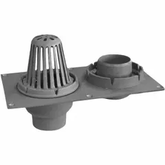 Primary roof drain for commercial flat roofs, designed to remove rainwater through a deck plate and prevent ponding. Includes two cast iron combination flashing clamps and gravel stops. Features a cast iron dome and No Hub connection. Suitable for built-up or membrane roofing systems.