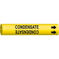 Yellow snap-on pipe marker with black 'Condensate' legend and directional arrows. Fits pipe outer diameter from 3/4 to 1-3/8 in. Used to identify condensate lines in piping systems, aiding in compliance with labeling standards